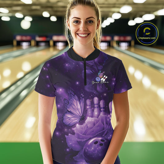 Custom Purple Butterfly And Roses Bowling Women Quarter-Zip Shirts, Ladies Bowling Team IPHW10877