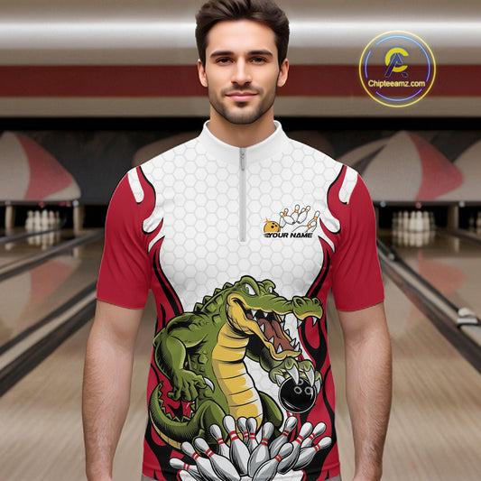 Custom Funny Alligator Bowling Men Quarter-Zip Shirt, Alligator Red Bowling Team League Shirt IPHW10683
