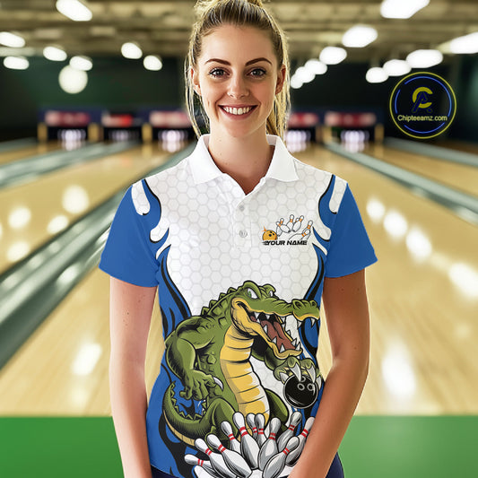 Custom Funny Alligator Bowling Women Polo Shirt, Alligator Blue Bowling Team League Shirt IPHW10684