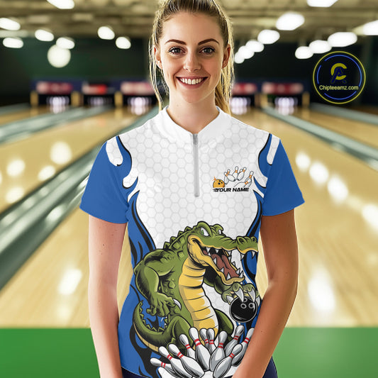 Custom Funny Alligator Women Bowling Shirts, Alligator Blue Bowling Team League Shirt IPHW10684