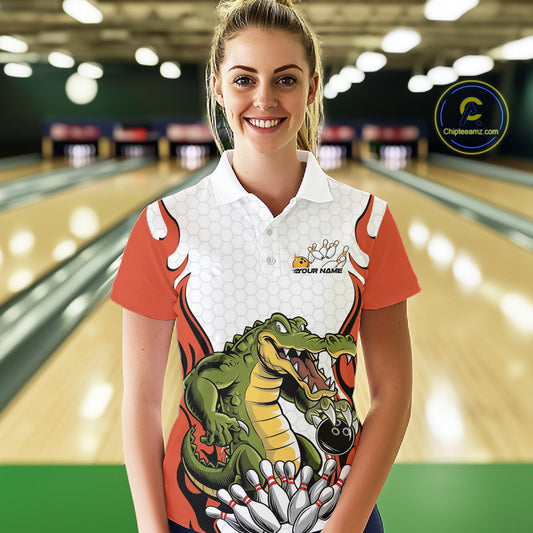 Custom Funny Alligator Bowling Women Polo Shirt, Alligator Orange Bowling Team League Shirt IPHW10686
