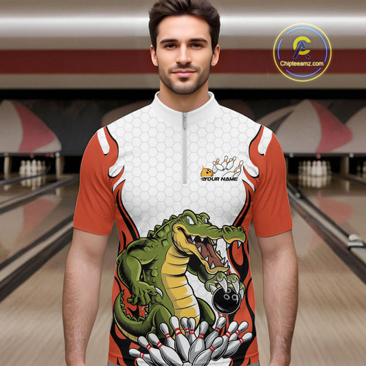 Custom Funny Alligator Bowling Men Quarter-Zip Shirt, Alligator Orange Bowling Team League Shirt IPHW10686