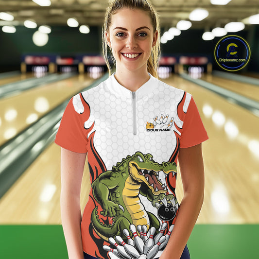 Custom Funny Alligator Women Bowling Shirts, Alligator Orange Bowling Team League Shirt IPHW10686