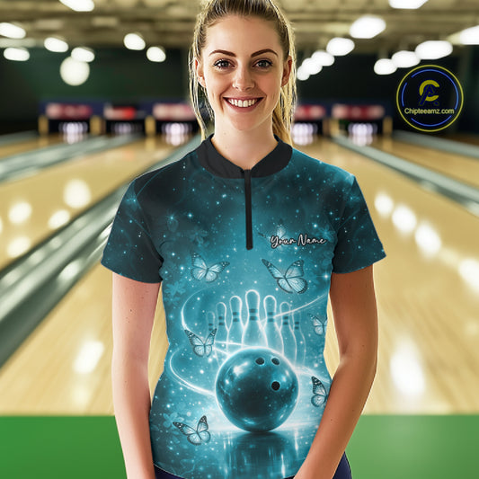 Custom Blue Butterfly Women Bowling Quarter-Zip Shirt, Ladies Bowling League Shirt IPHW10922