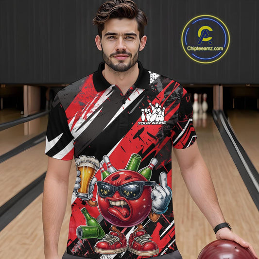 Custom Funny Bowling Ball Drink Beer Bowling Men Polo Shirt, Grunge Red Team Shirt IPHW10117