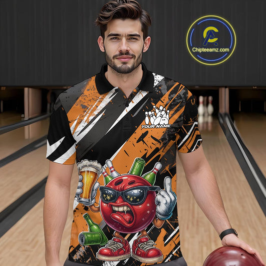 Custom Funny Bowling Ball Drink Beer Bowling Men Polo Shirt, Grunge Orange Team Shirt IPHW10118