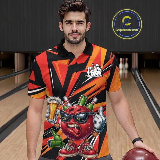 Custom Funny Bowling Ball Drink Beer Bowling Men Polo Shirt, Orange Bowling Team Shirt IPHW10122
