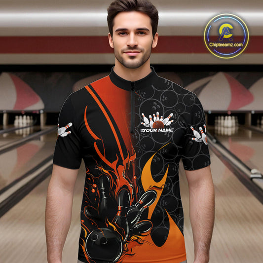 Custom Orange Flame Bowling Pattern Bowling Men Quarter-Zip Shirt, Bowling Team League Shirt IPHW9883