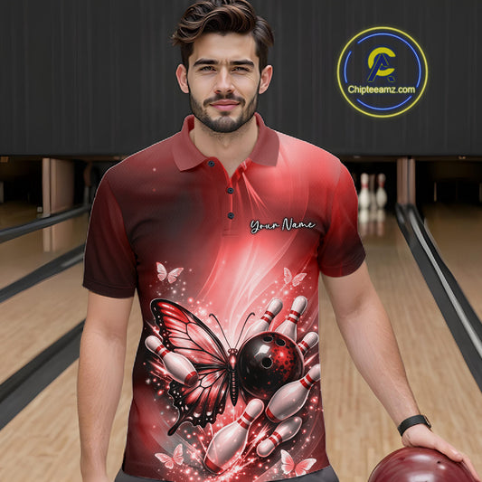 Male model at a bowling lane wearing a red bowling polo shirt with butterfly artwork, a bowling ball, and scattered pin graphics.
