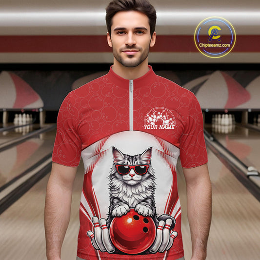 Male model wearing a white and red bowling quarter-zip shirt at a bowling lane with a Maine Coon cat and bowling ball illustration.