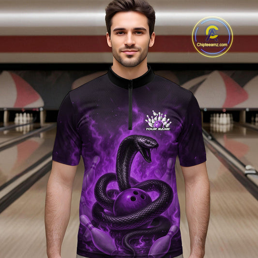 Custom Purple Flame Black Mamba Snake Bowling Men Quarter-Zip Shirt, Snake Bowling Team Jerseys IPHW10150