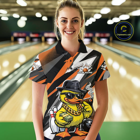 Female model in bowling lane wearing polo shirt with duck sunglasses fedora cash cigar bowling ball pins artwork