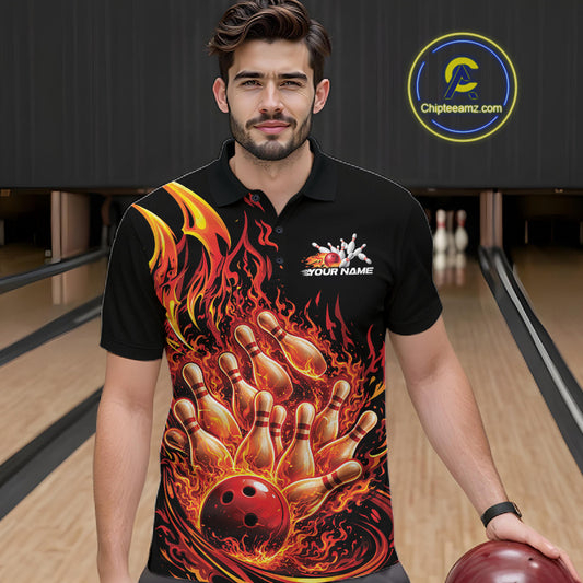 Male model wearing a black and red bowling polo in a bowling center with fiery bowling action scene graphics.