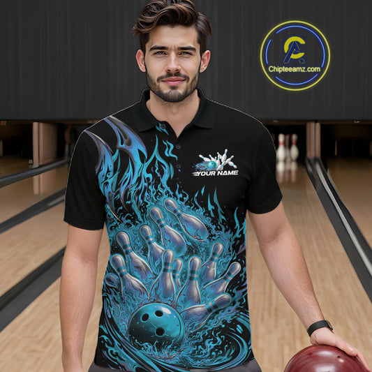 Male model in a bowling venue wearing a black and blue bowling polo decorated with blazing bowling strike artwork.