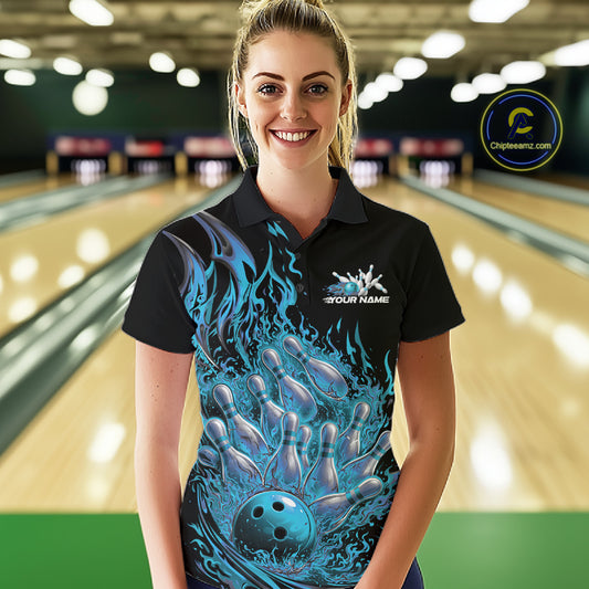 Female model in bowling lane wearing polo shirt with flaming bowling ball striking pins purple dynamic sports fire design