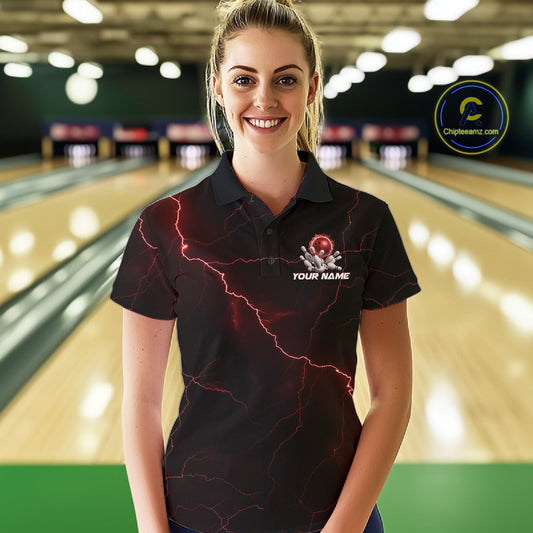 Custom Red Thunder Lightning Flame Bowling Ball Women Bowling Team Shirt Bowler Outfit IPHW10672