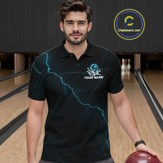 Custom Blue Thunder Lightning Flame Bowling Ball Men Bowling Team Shirt Bowler Outfit IPHW10674
