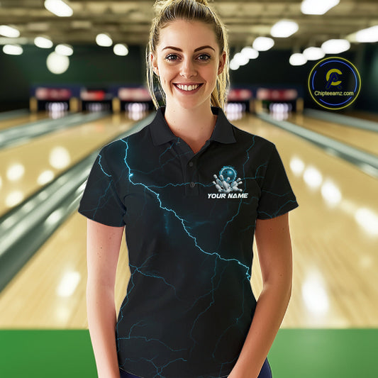 Custom Blue Thunder Lightning Flame Bowling Ball Women Bowling Team Shirt Bowler Outfit IPHW10674