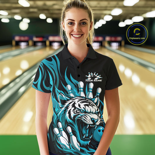 Custom Black And Blue Tiger Women Bowling Jerseys, Tiger Bowling Team League Shirt IPHW10161