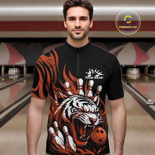 Custom Black And Orange Tiger Men Bowling Jerseys, Tiger Bowling Team League Shirt IPHW10162
