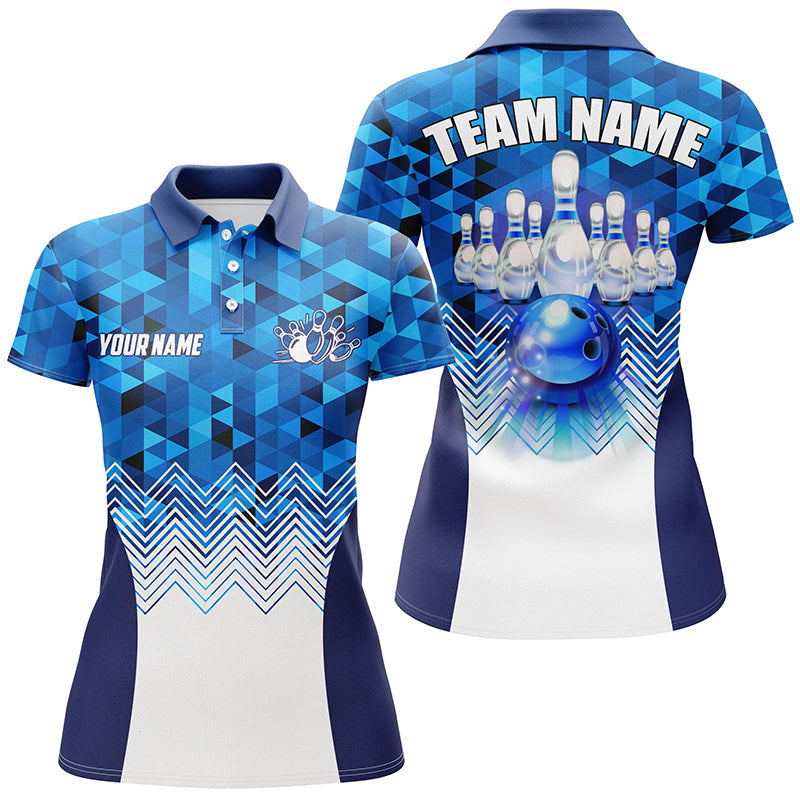 Blue Geometric pattern bowling ball and pins custom Women Bowling Polo Shirts, team bowling jerseys NQS7452