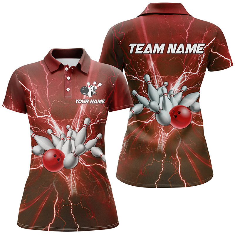 Women bowling polo shirts Custom red lightning thunder Bowling Team Jersey, gift for team Bowlers NQS7394