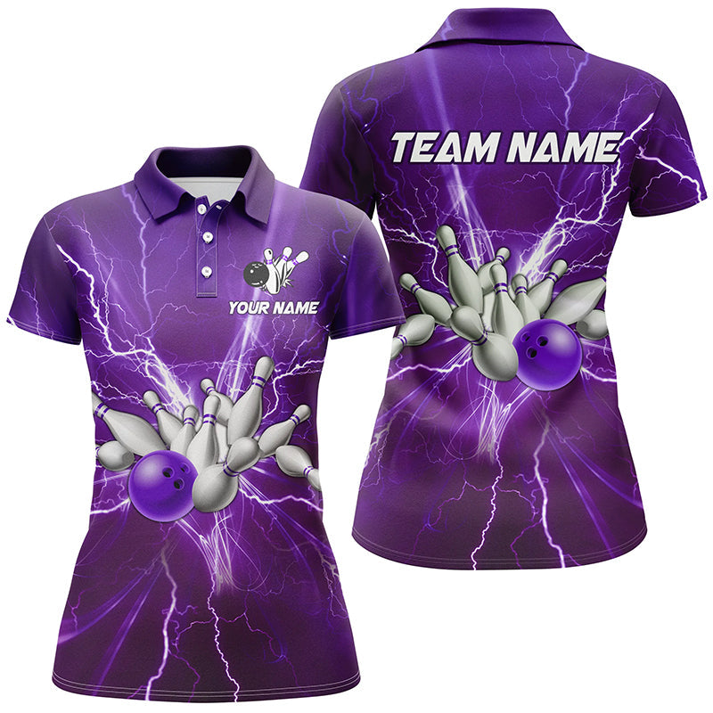 Women bowling polo shirts Custom purple lightning thunder Bowling Team Jersey, gift for team Bowlers NQS7395