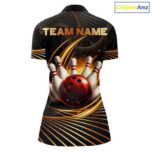 Custom Black and Gold Bowling Polo, Quarter Zip Shirts for Women, Team Bowling League Jerseys NQS11599