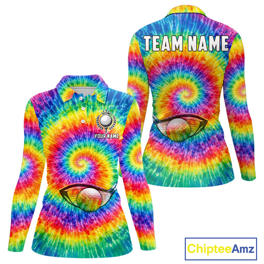Colorful rainbow tie-dye golf polo shirt for Women custom Ladies golf outfit, personalized golf gifts NQS11724