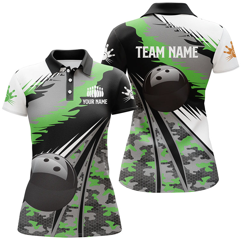 Custom black bowling shirt for women – personalized team jersey front view