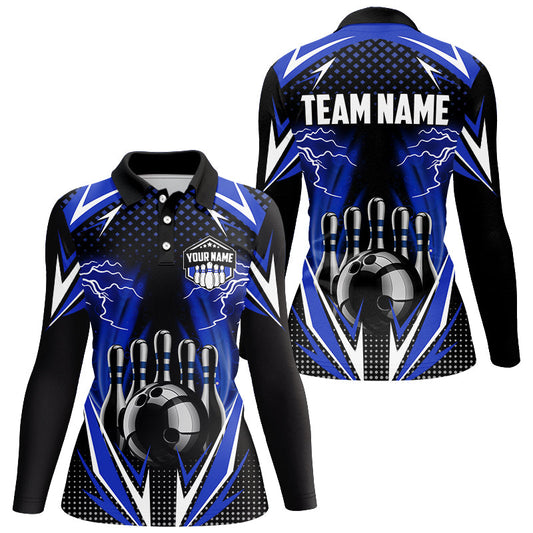 Black Women Bowling Polo, 1/4 zip Shirt Custom blue lightning team Ladies Bowler Jersey bowling outfit NQS8690