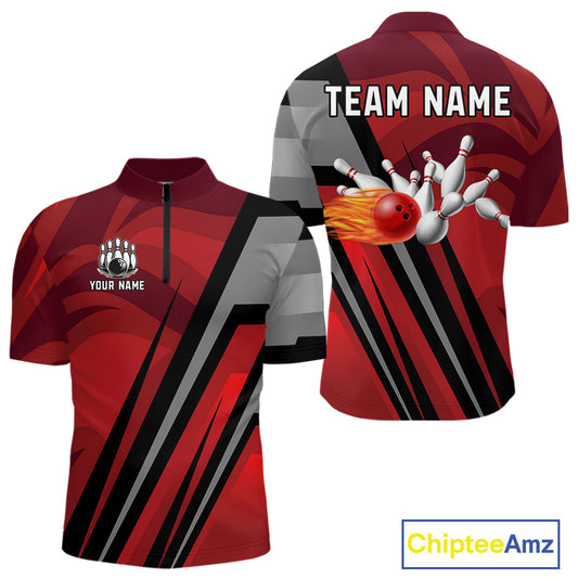 Red Camo Flame Bowling Polo, Quarter Zip Shirts For Men Custom Team Jerseys bowling outfits for men NQS11048