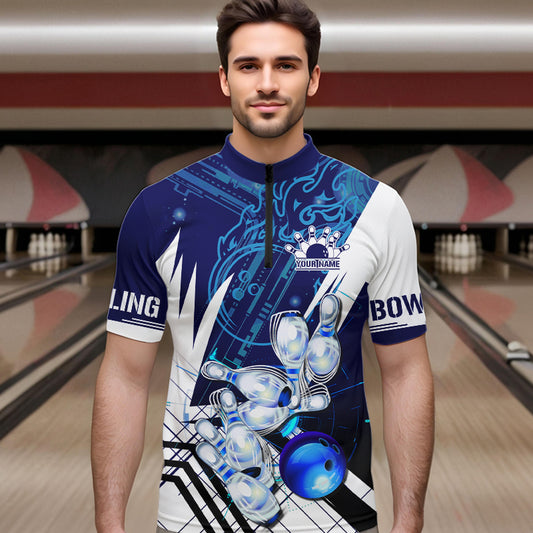 Blue and White Custom Flame Bowling Polo, Quarter-Zip Shirts For Men, Team Bowling League Jersey NQS9679