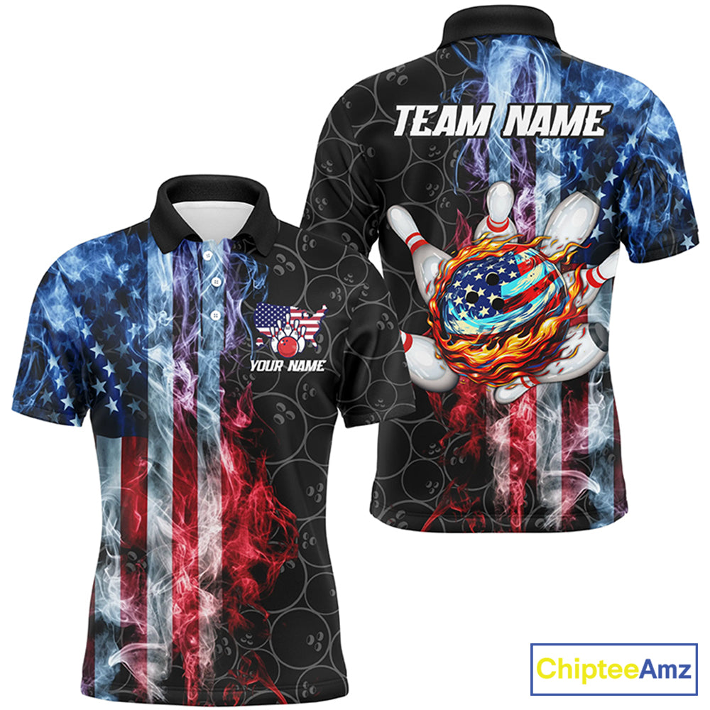 Smoke American Flag Flame Bowling camo Custom Patriotic Bowling Shirts For Men, Bowling Team Jerseys NQS8241