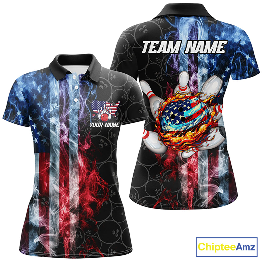 Smoke American Flag Flame Bowling camo Custom Patriotic Bowling Shirts For Women, Bowling Team Jerseys NQS8241