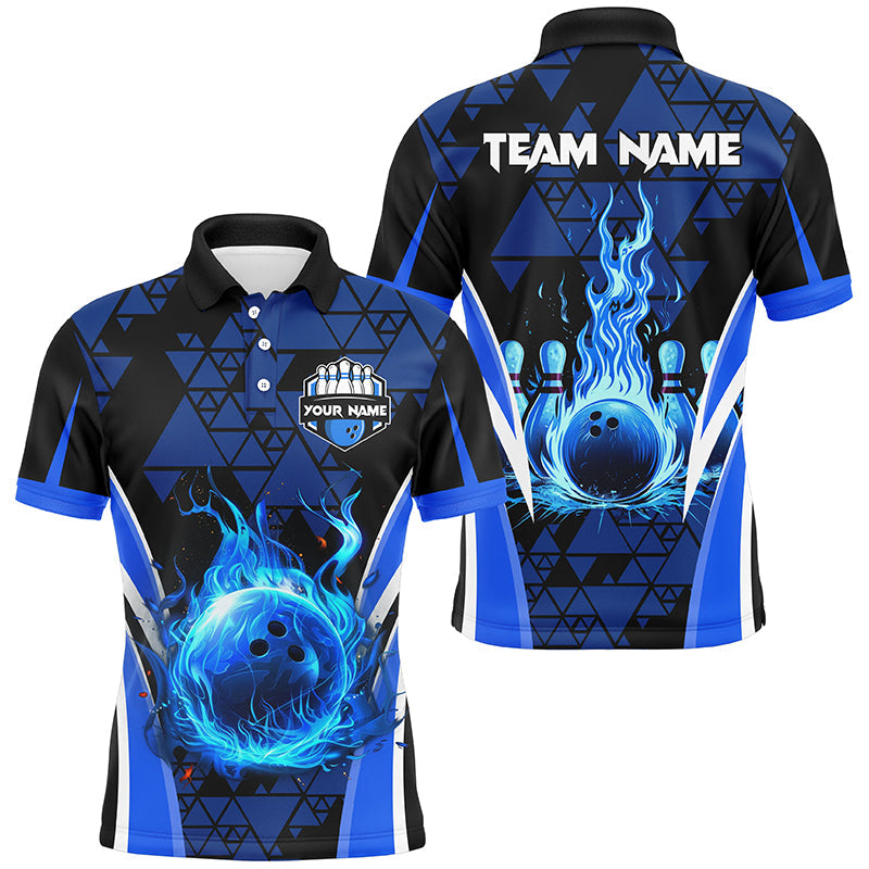 Blue triangle pattern flame bowling ball pins custom Men Bowling Polo Shirts, team bowling jerseys NQS7464