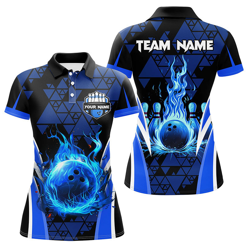 Blue triangle pattern flame bowling ball pins custom Women Bowling Polo Shirts, team bowling jerseys NQS7464