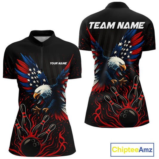 Black and Red Flame American Flag Eagle Bowling Shirts For Women Custom Patriotic Bowling Team Jersey NQS10878