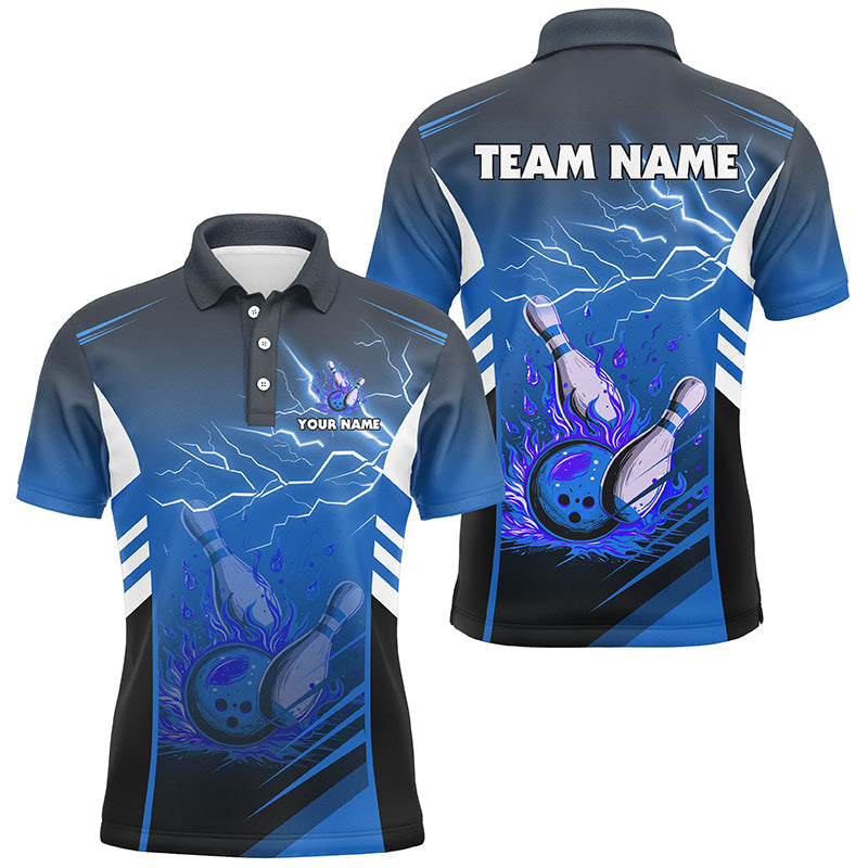Flame bowling ball and pins lightning custom Men Bowling Polo Shirts, team bowling jerseys | Blue NQS7477