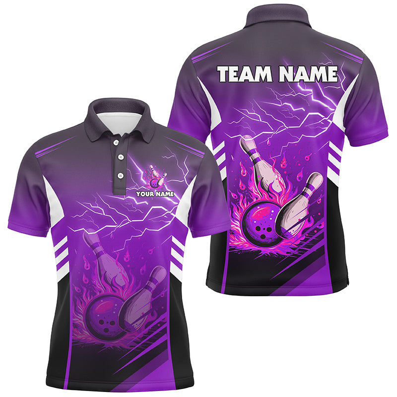 Flame bowling ball and pins lightning custom Men Bowling Polo Shirts, team bowling jerseys | Purple NQS7479