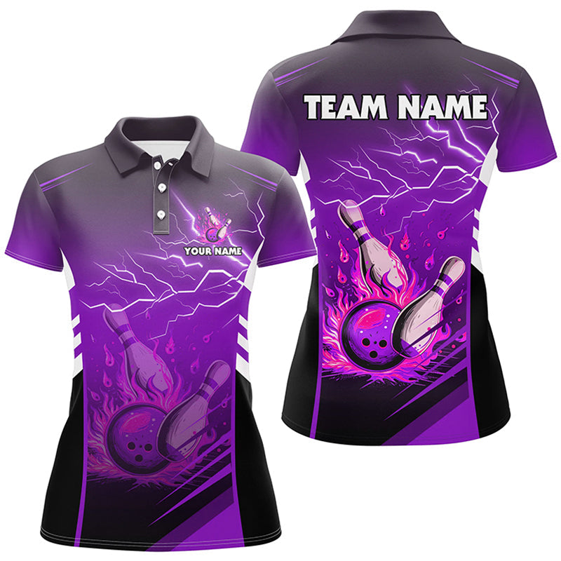 Flame bowling ball and pins lightning custom Women Bowling Polo Shirts, team bowling jerseys | Purple NQS7479