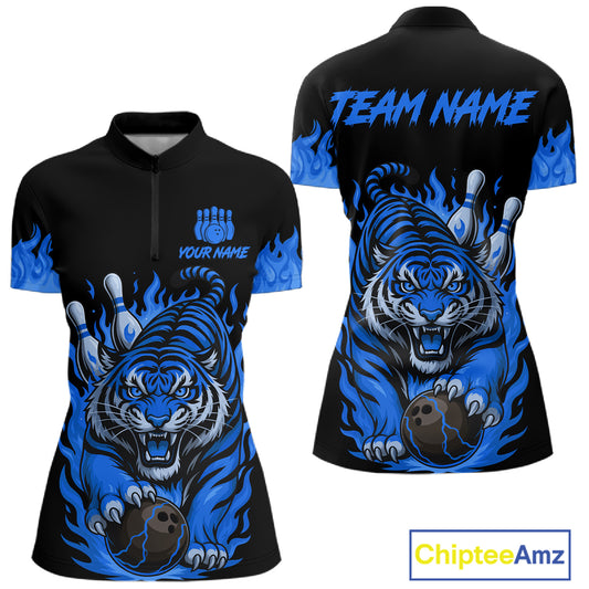 Black and Blue Flame Tiger Bowling Polo, 1/4 Zip Shirts for Women Custom Team Tiger Bowling Jersey NQS11256