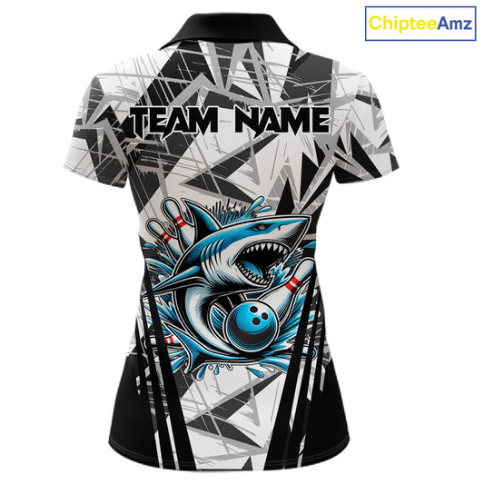 Black and White Camo Shark Bowling Team Shirt For Women Custom Shark Bowling Polo, Quarter Zip Shirt NQS11471