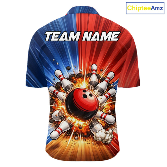 Funny Bowling Boom Polo, 1/4 Zip Shirt For Men Custom Red, White and Blue Team Bowler Jerseys NQS11660