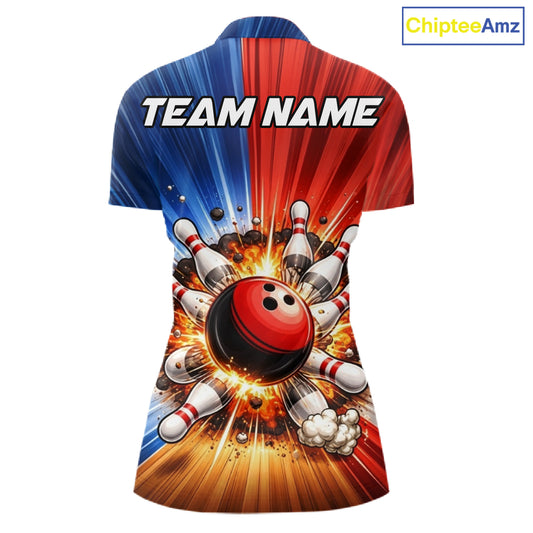 Funny Bowling Boom Polo, 1/4 Zip Shirt For Women Custom Red, White and Blue Team Bowler Jerseys NQS11660