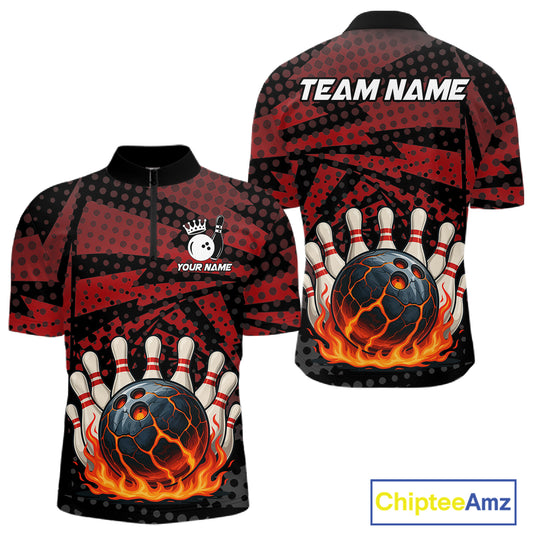 Black and Red pattern Flame Bowling Polo, 1/4 zip shirts For Men Custom Team Bowling Jerseys NQS11277