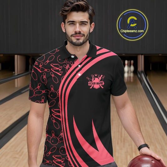Black Mens bowling shirts Custom Red neon team league bowling jerseys, gifts for bowlers NQS9983