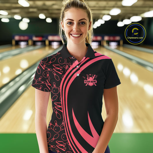 Black Women bowling shirts Custom Red neon team league bowling jerseys, gifts for bowlers NQS9983