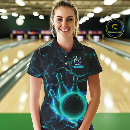 Cyan Blue Flame Bowling Polo, Quarter Zip shirts For Women custom bowling team jerseys Bowler Outfits NQS10153