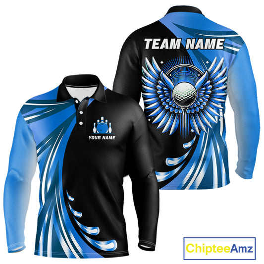 Black and Blue Bowling Ball and Pins wings Bowling Shirts for Men Custom Team Bowling Jerseys NQS10490